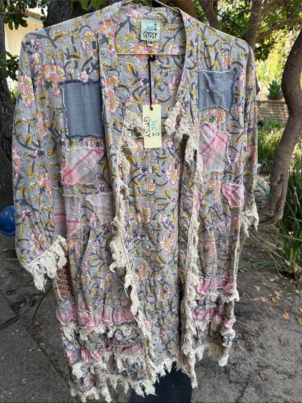 Gypsy Floral Crochet-Trim Patchwork Cardigan Jacket - Gray & Pink